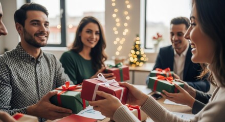 Smiling coworkers exchanging holiday gifts at office