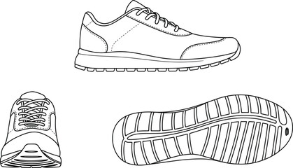 Running shoe with detailed sole pattern, lace-up sneaker design shown from multiple views for footwear catalog and branding, flat vector illustration
