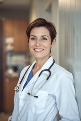 Smiling professional female physician standing confidently in a hospital uniform with a stethoscope