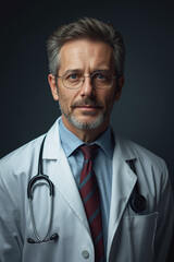 Handsome senior doctor with glasses and a stethoscope smiling in a professional portrait