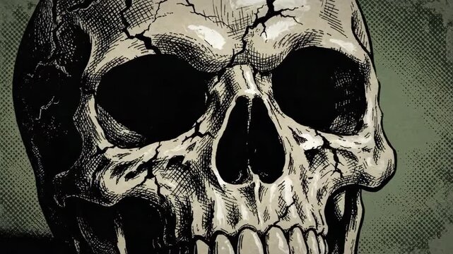 A cracked human skull representing mortality and the macabre in a graphic illustration
