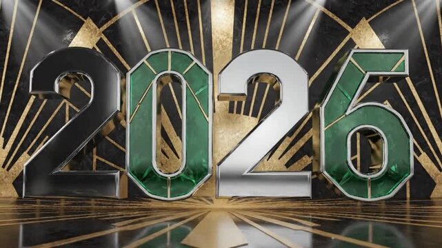 Art Deco 2026 Text with Emerald Green Chrome on Golden Geometric Stage.