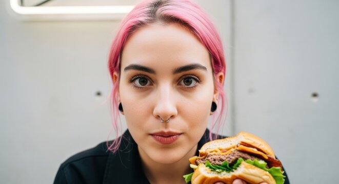 Smiling young woman eating a healthy sandwich for lunch