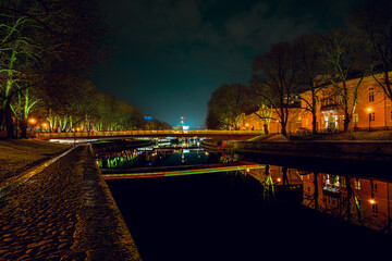 Autumn Night Reflections on Aurajoki River, Turku, Finland