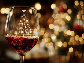 Red wine in a glass with a sparkling Christmas tree etching