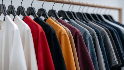 Colorful tshirts and sweatshirts hanging on a wooden rack in a clothing store