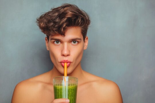 Close-up of a young, attractive man drinking a green smoothie or juice through a straw. Healthy lifestyle and detox.