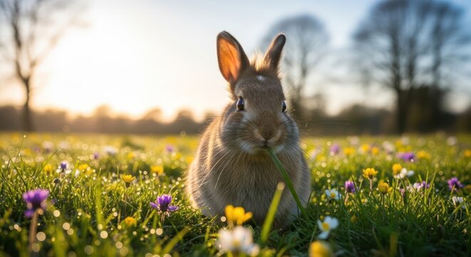 Adorable fluffy bunny nibbling grass in a sunlit meadow bursting with vibrant spring wildflowers and dewdrops, evoking pure joy and natural beauty.