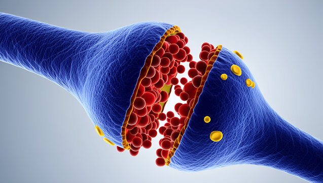 Blue nerve synapse with red vesicles and yellow particles neuron brain