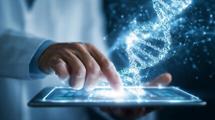 Futuristic healthcare: embracing the digital evolution of medicine. Strong contrast. High-tech medical scene with dna and digital innovations. Clear focus. Clean layout.