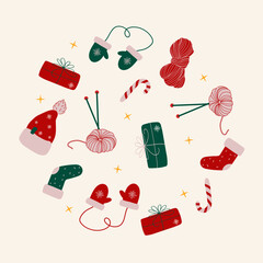 Set of christmas wool skeins and clothes in doodle style. Hand drawn collection of cozy winter elements in flat cartoon stylisation. Stickers in traditional colors