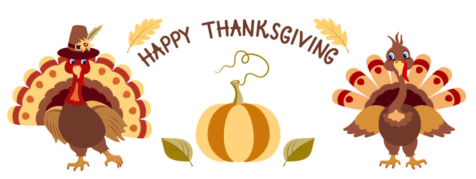 Thanksgiving day banner with two turkeys in pilgrim hat with  pumpkin and autumn leaves for greeting postcard with inscription. Set elements.