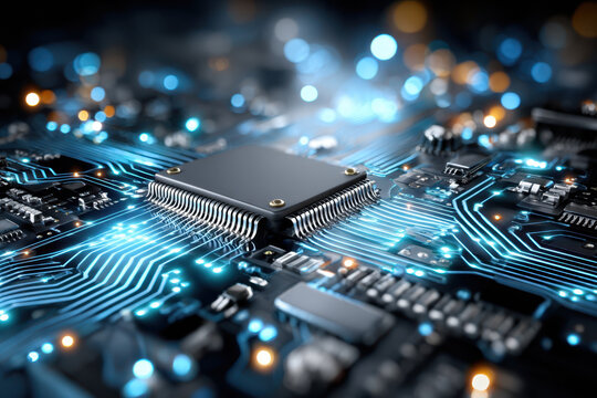 Close-up view of a microchip on a circuit board with glowing connections in a dark environment