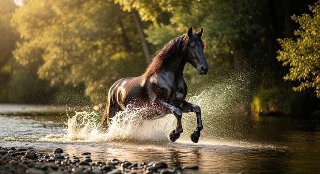 Majestic black horse galloping through sunlit river, creating a dynamic water splash with lush forest backdrop. - Powered by Adobe