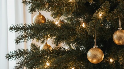 close-up of tall slender christmas tree with gold ornaments and lights festive shine
