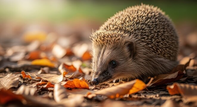 Adorable hedgehog exploring autumn forest floor amidst fallen leaves, capturing the magic of nature's beauty and wildlife.