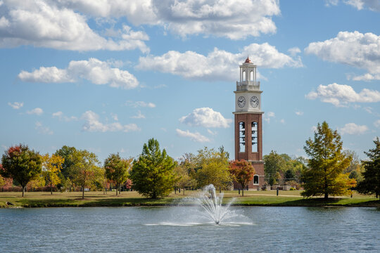 Bell tower and lake in Coxhall Gardens in Carmel, Indiana