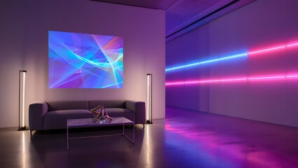 Modern living room interior with a comfortable sofa, a stylish coffee table, and a vibrant abstract painting illuminated by neon lights, creating a futuristic ambiance