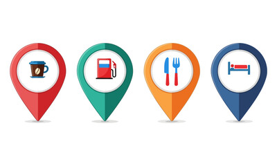 Set of four location pins with icons for coffee, gas, restaurant, and hotel