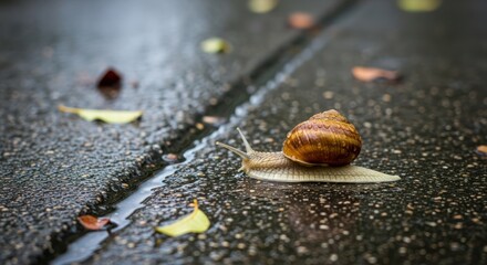 Delicate snail navigates a wet path after rain, showcasing resilience and the beauty of nature's slow journey