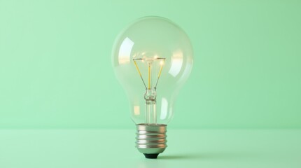 Close-up transparent lightbulb with metallic base on pastel green background, clean modern design with visible filament.