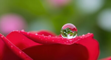 Reflecting beauty a water droplet on a radiant Rose petal captures miniature garden