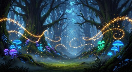 Lost in the whimsical Woods of wonder where bioluminescent fungi glow and magical lights dance at twilight