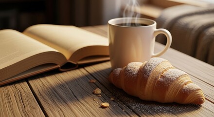Sunrise reading with steaming coffee and sweet pastry provides perfect relaxation, in a warmly lit bedroom