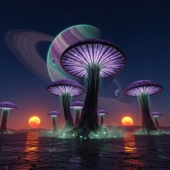 Glowing mushroom forest under a colorful planet and twin suns at dusk on alien landscape