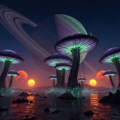 Mystical alien landscape featuring glowing mushrooms under twin suns and a ringed planet in the night sky