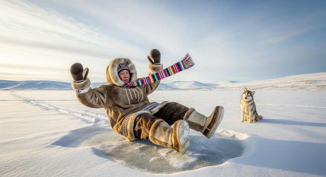 An Inuit man in traditional winter clothing comically slips on an icy patch in the snow while a husky dog calmly watches nearb