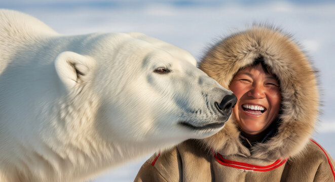 Joyful Inuit woman in traditional fur-lined clothing laughs as a friendly polar bear nuzzles her face in the snowy Arctic wilderness. - Powered by Adobe