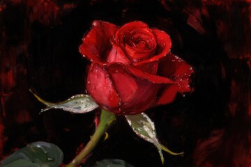 Red rose in the dark still life with glistening dewdrops showcasing beauty and fragility