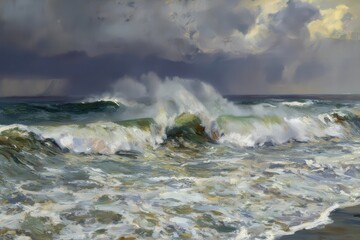 Crashing waves beneath dramatic stormy sky showcase Nature's raw power and atmospheric depth during a tempest at sea