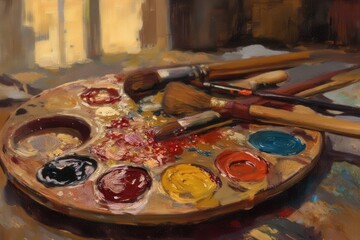 Artist's tools lay upon wooden table in a workshop, sunlight reflecting off palette full of vibrant colors during the day