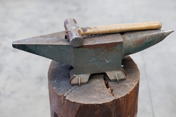 Blacksmith artisan tools on blacksmith anvil for forging