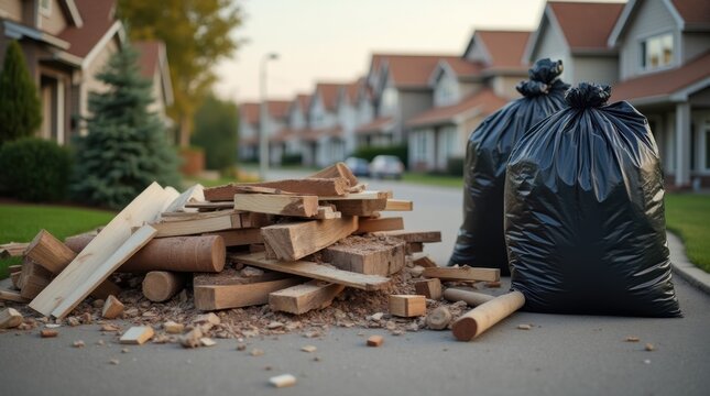 Close-up broken wood debris and black rubbish bags, suburban driveway, homes in background, building waste disposal.