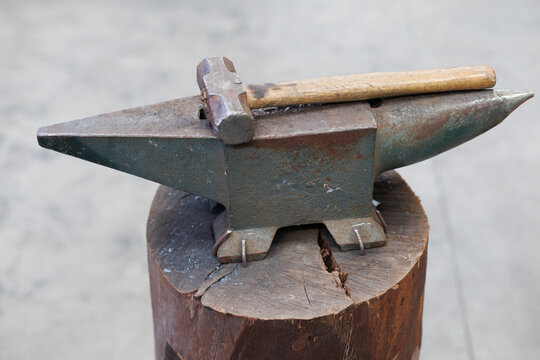 Blacksmith artisan tools on blacksmith anvil for forging