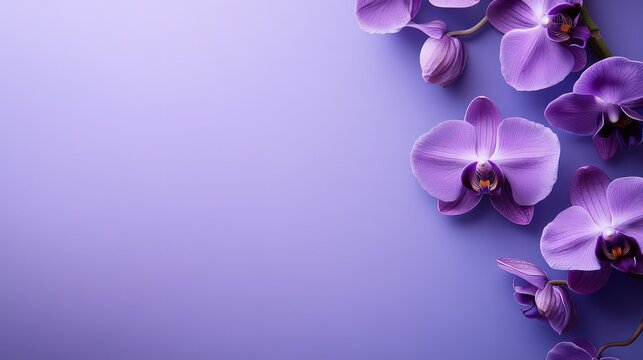 Purple orchids elegantly arranged against a delicate background offer ample space for text and are ideal for design