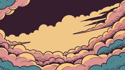A stylized illustration of fluffy clouds surrounding a central, open space.