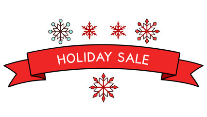 Festive holiday sale announcement with snowflakes and a red banner.