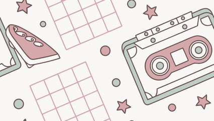 Retro-themed background featuring a cassette tape, a grid pattern, a music player, stars, and circles in pastel colors.