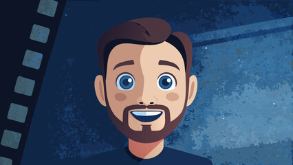 A cartoon man with a beard smiles against a dark blue background with film reel elements.
