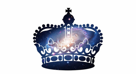 Majestic crown silhouette filled with swirling galaxy and cosmic nebulae creating a powerful symbol of authority and infinite possibility