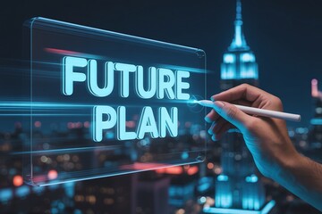 Writing Future Plan on Digital Screen Interface Over City Skyline Night View Concept for Business Strategy, Innovation, and Technology Implementation