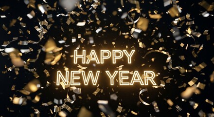 Illuminated New Year: Festive golden confetti rains down, celebrating the arrival of the New Year, with illuminated text announcing HAPPY NEW YEAR in a burst of festive joy.