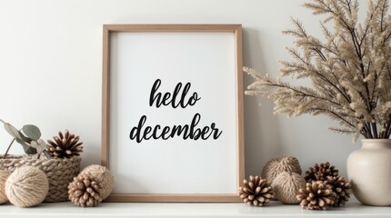 cozy festive holiday decor with framed Hello December text and Scandinavian natural elements