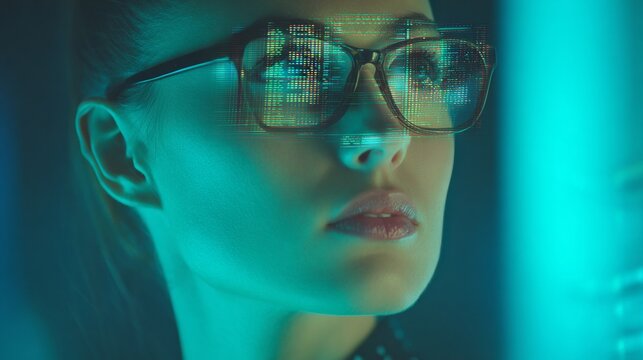 Digital curiosity: a modern woman in a futuristic tech space. Premium quality. Woman with chic glasses analyzes complex digital displays. Clean retouch. Advertising photo.