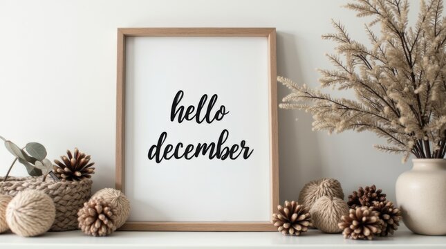 cozy festive holiday decor with framed Hello December text and Scandinavian natural elements