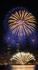 Fireworks Spectacle over Cityscape: A vibrant display of fireworks illuminates the night sky above a silhouetted city skyline. Capturing a festive atmosphere and joyous celebration.